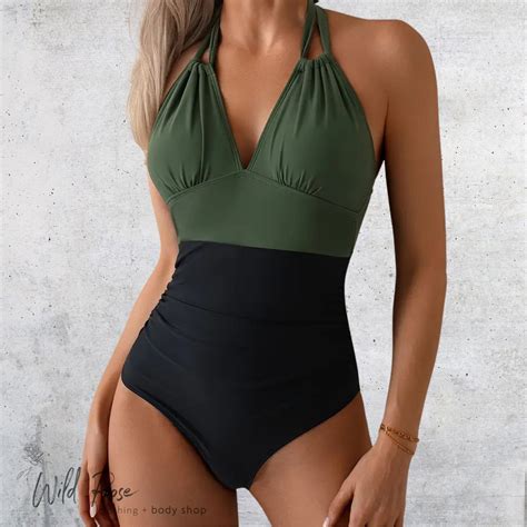 Olive & Black Halter One-Piece Swimsuit – Wildrose Life