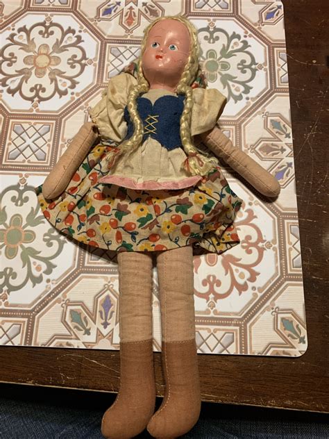 Vintage Cloth Stuffed Sawdust Doll Painted Mask Face Stamped POLAND 12