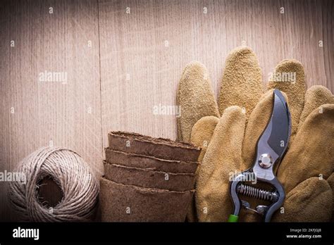 Sharp pruning shears leather safety gloves peat pots and hank of string on vintage wooden board ...