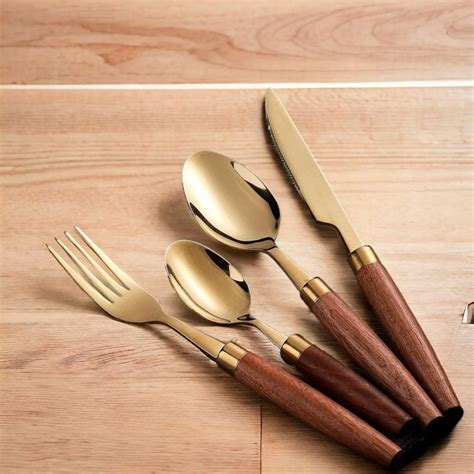 4-piece Wooden Handle Cutlery Set: Stainless Steel Knife, Fork, Spoon