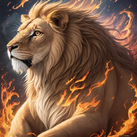 A lion with a fire mane is sitting in the middle of a fire - SeaArt AI