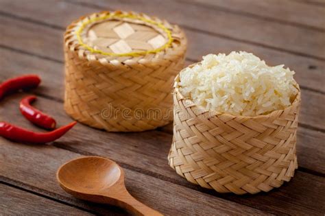 Sticky Rice in Woven Bamboo Container Stock Photo - Image of sticky ...