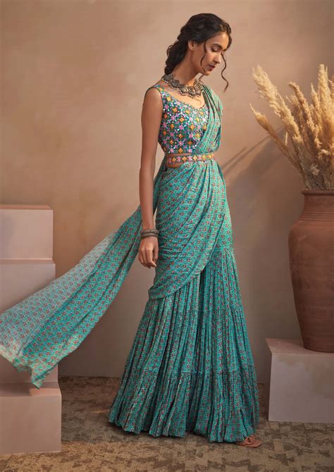 Teal Bunch Print Sharara Saree | Traditional indian outfits, Indian ...