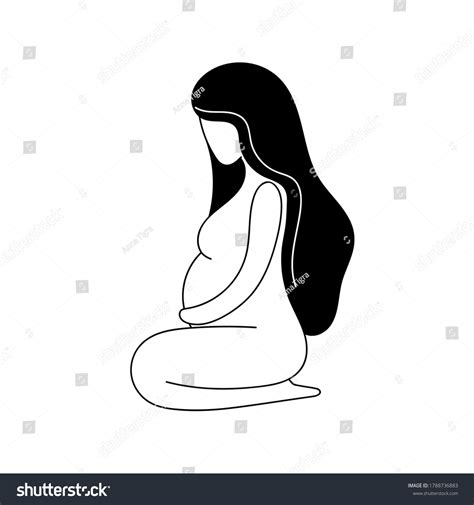 「ベクター画像の美しい裸の妊婦で、脚を丸めて座っています。 産後出産準備出産前医療センター。 白い背景に落書き風手描きのイラスト。」のベクター