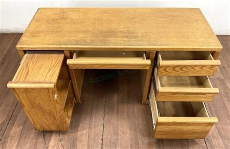 Contemporary Oak Desk W/ Filing Cabinet & Key | #3939656422