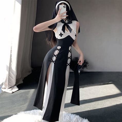 Yomorio Sexy Nun Costume Habit Nun Cosplay Lingerie Set High Slit Cosp
