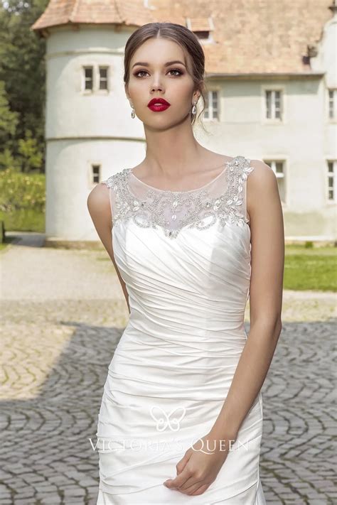 Beaded Neckline Ruched Ivory Satin Long Wedding Dress - VQ