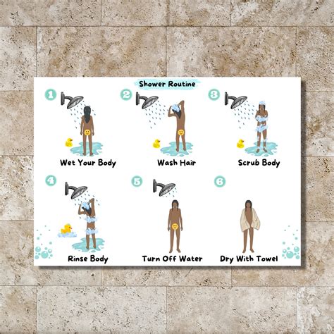 Shower Routine Chart- Visual Aid- Learning- Girl- Illustration- for