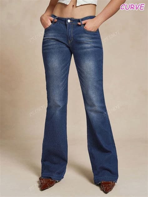 Calça Cintura Baixa Flare - Calça Denim Flare de Cintura Baixa Simples e Casual com Botões e Bolsos ...