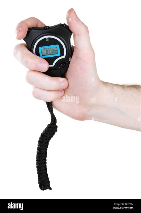 electronic sport timer  hand isolated  white stock photo alamy