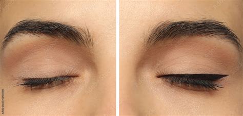 Collage with photos of young woman before and after getting permanent ...