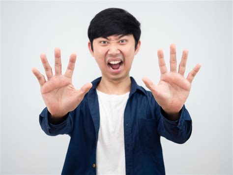 Asian man show hand to stop angry face say hold portrait,Man say stop ...