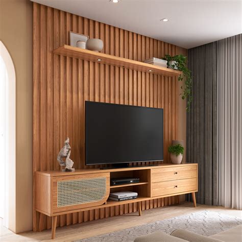 rack  sala  painel ripado  tv  pol fita led   freijo