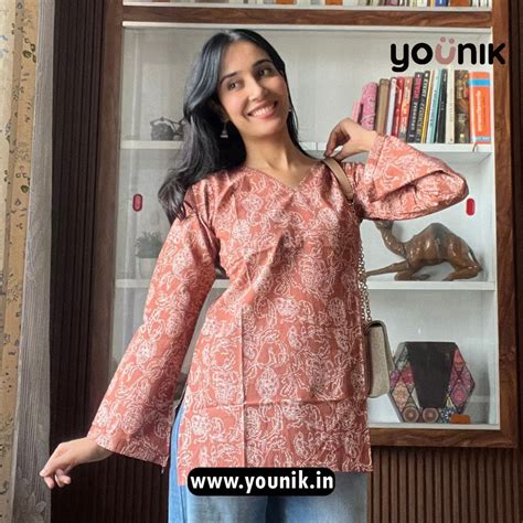 earthy rust  white printed short kurti younik