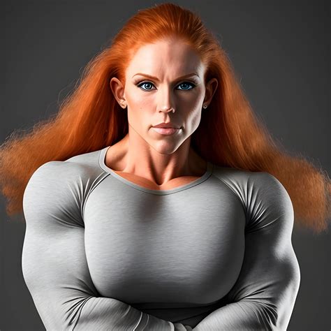 Massive female bodybuilder with beautiful face and long ginger hair