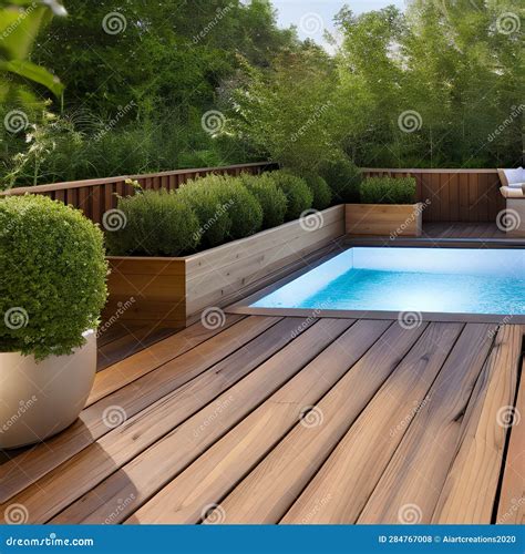 A Serene Rooftop Garden With A Wooden Deck, Potted Plants, And A ...