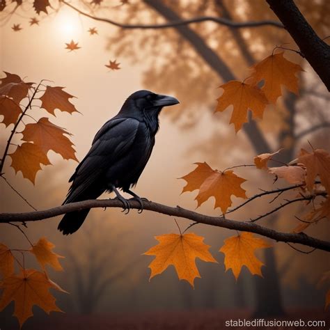 a raven standing in the branch of a tree in the midst of autumn the weather is cold and misty ...