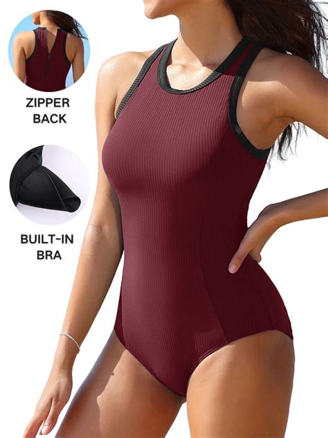 Attraco Womens Round Neck One Piece Swimsuit Zipper Back Ribbed