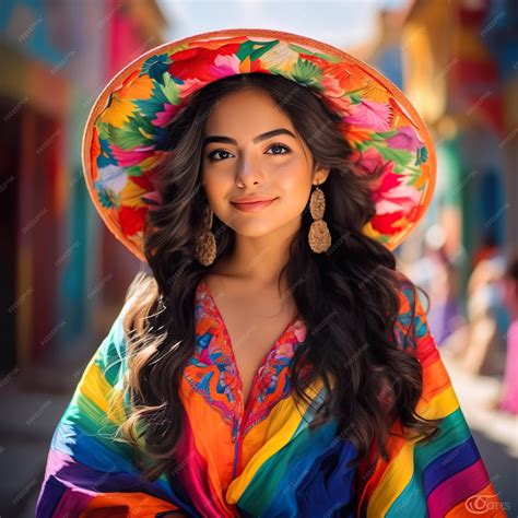 Beautiful Mexican girl in sombrero and bright poncho generative ai