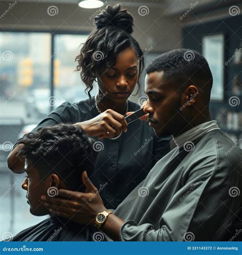 Female Black Barber Cutting Hair of Young Man Client Black Haired Men