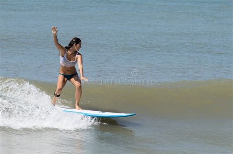 Young Woman Surfing a Longboard Stock Image - Image of female, surf ...