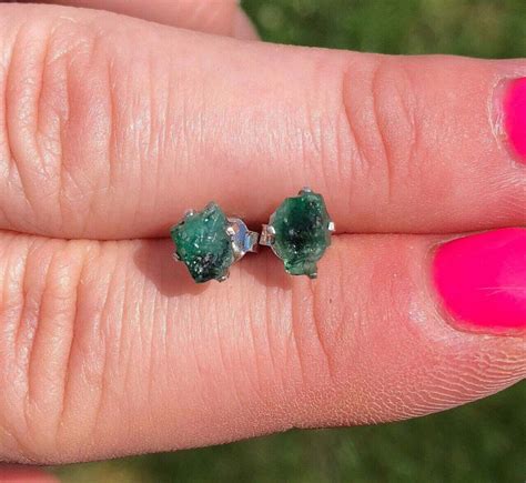Emerald Raw Natural Stud Earrings - Sterling Silver | New Moon Beginnings