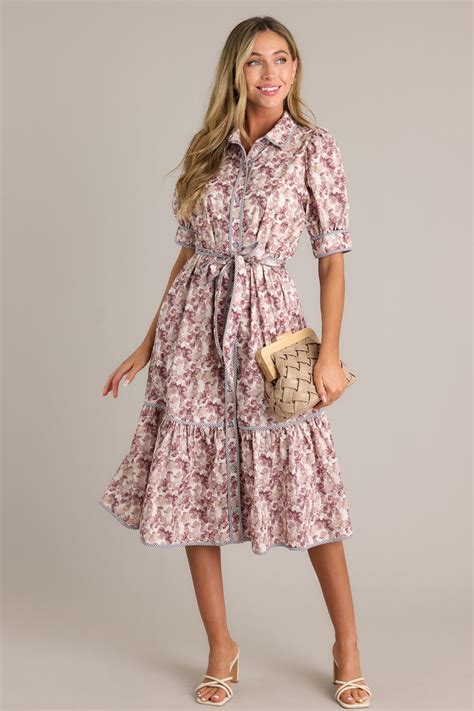 100% Cotton Brown Floral Midi Dress - All Dresses | Red Dress