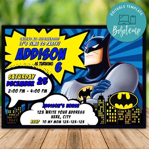 Editable Batman Comic Birthday Invitation Instant Download | Bobotemp