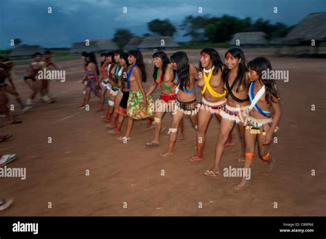 traditional dance  xingu indians   amazone brazil stock photo