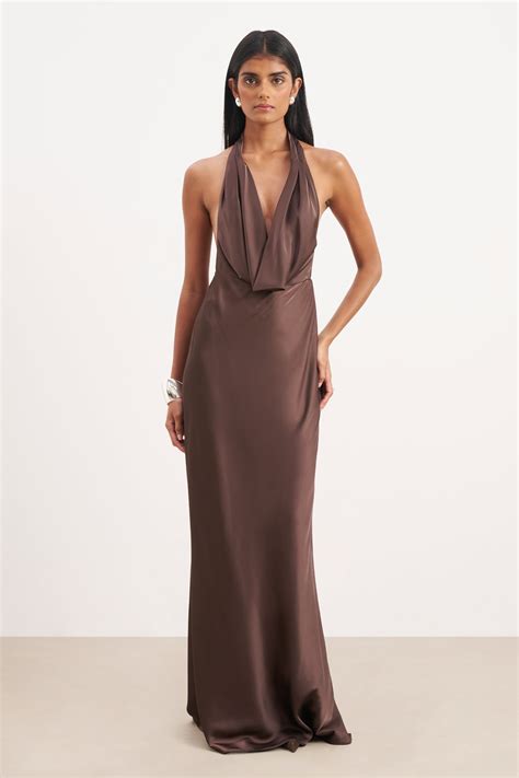 Satin Plunging Cowl Neck Maxi Dress - Carob | BOA US