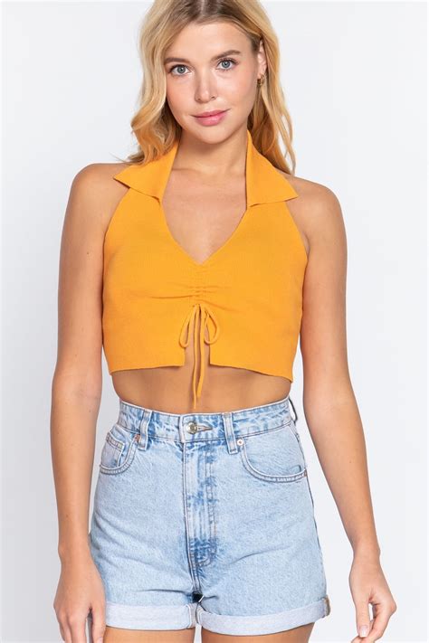 saronite basic front ruched halter neck sweater knit crop top mango