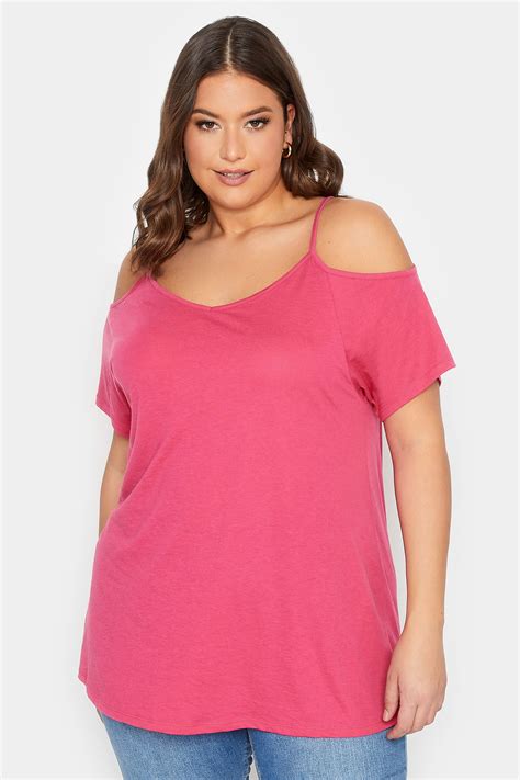 YOURS Curve Plus Size Hot Pink Cold Shoulder T-Shirt | Yours Clothing