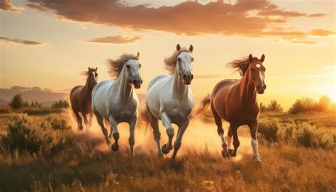 Premium Photo | Four horses running in a field with a beautiful sunset ...