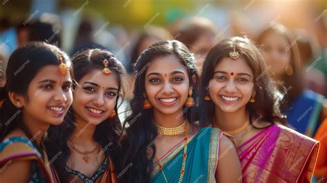group  happy indian girls  traditional attire smiling   cultural