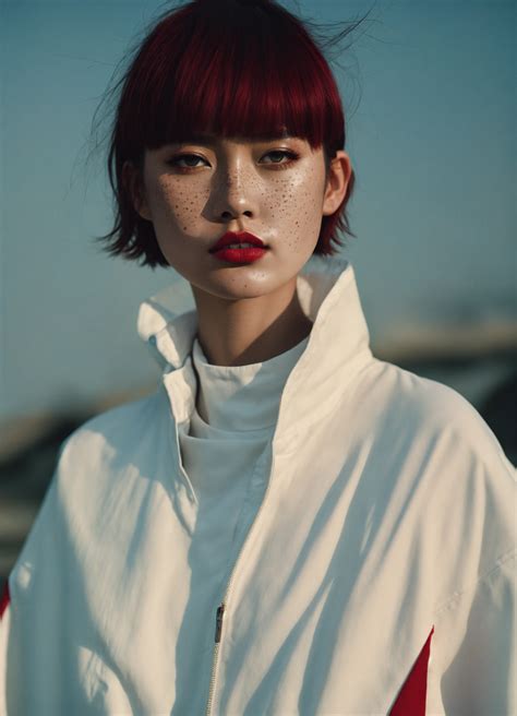 Lexica - Model with attitude, asian, white short hair with red subtones