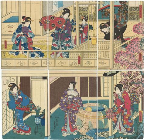 Japanese Print "The Akashi Bathhouse (Akashi-buro)" by Utagawa Kunisada