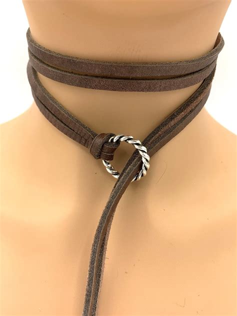 Leather Wrap Lariot Necklace, Leather Choker, Hand Made, Boho Leather ...