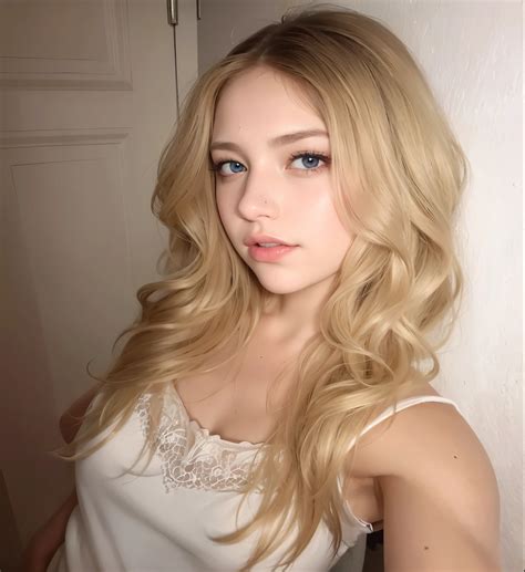 Mujer rubia con cabello largo y ondulado y ojos azules posando para una