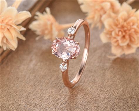 Morganite Engagement Ring Rose Gold Oval Cut Three Stone Wedding Ring 3 Stone Minimalist Promise ...