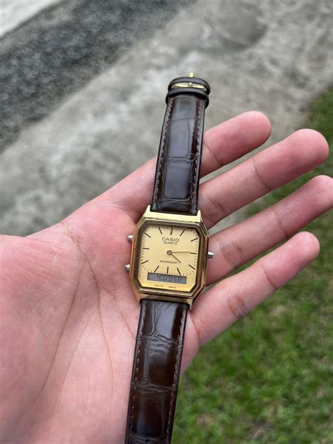 casio aq  swapped  metal   dark brown leather strap loving