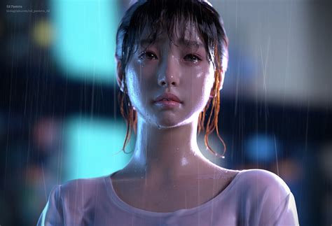 Ed Pantera, face, wet hair, Asian, women, wet body, wet, CGI, HD
