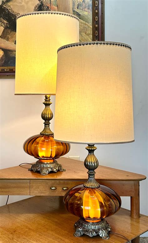 vintage amber table lamps  amber glass  brass napoleonic cameo