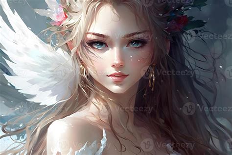 Portrait of a beautiful blonde angel girl in anime style. Neural