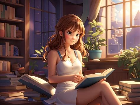 Premium Photo | A 3d anime girl reading a book in a library with books ...