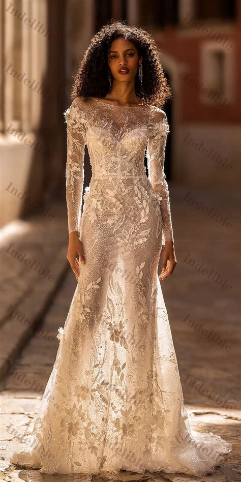 Gold Long Sleeve Lace Wedding Dresses Sheer Long Sleeveless Lace
