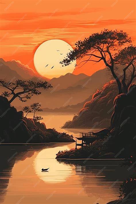 Premium AI Image | Japanese traditional minimalist sunset landscape