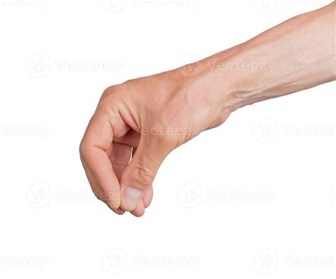 Hand pinching finger, white background. Person s wrist, thumb catching