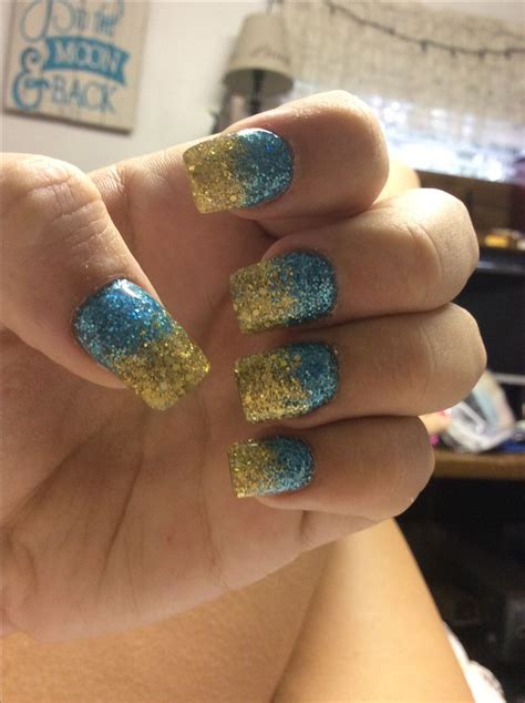 Gold and teal acrylic glitter nails. | Nail art, Nails, Glitter nails