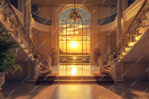 luxury mansion interior featuring grand staircase illuminated