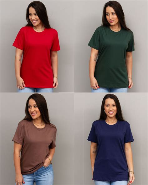 Kit Camisetas Femininas 100 Algodão - combo 4 camisetas femininas 100% algodão - Vermelho + Verde + Marrom + Azul